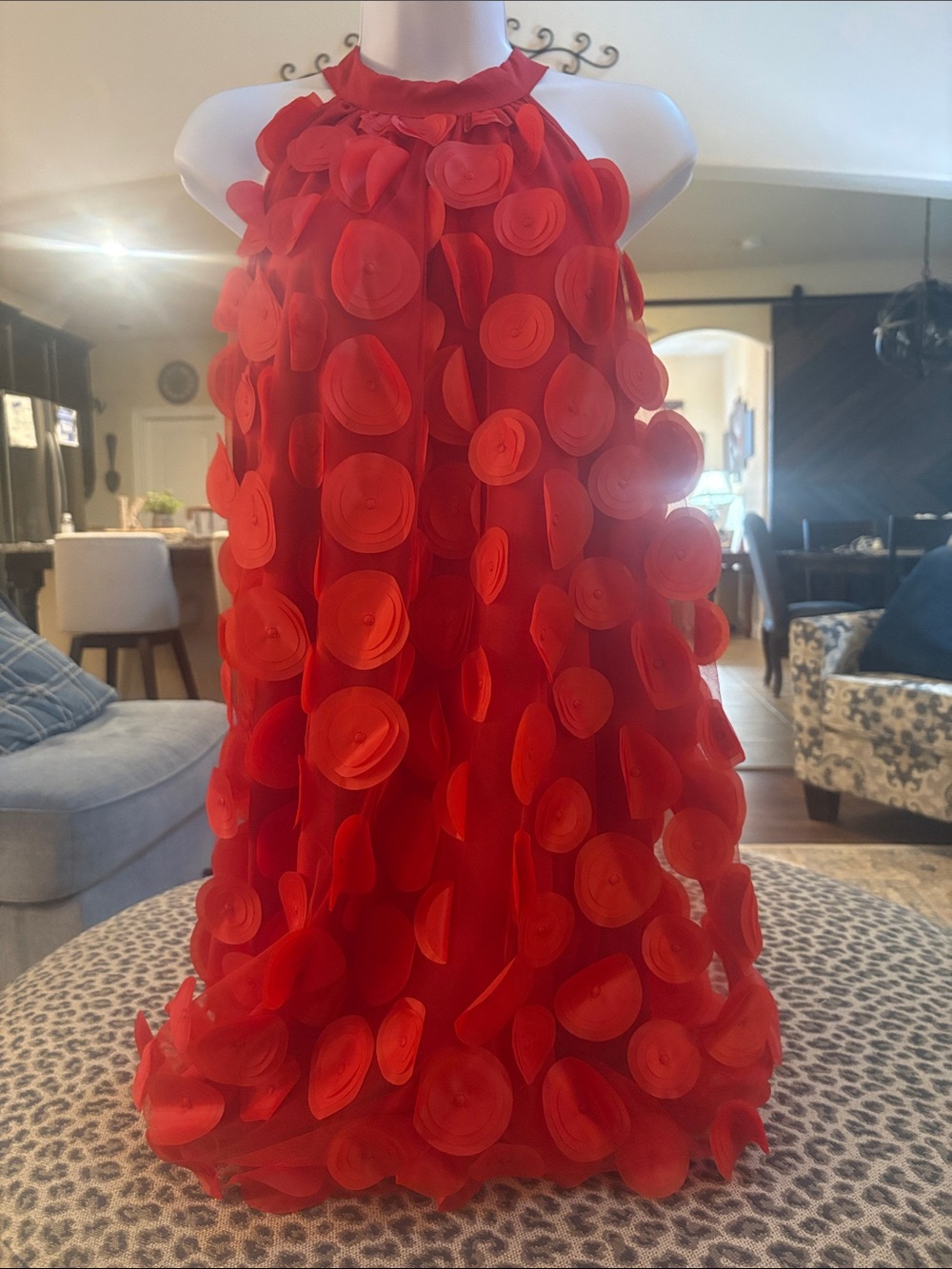 SHEIN Red Halter Midi Dress with 3D Rosette Appliqués